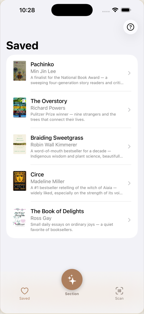 The Saved list — books you didn't buy today, each with the verdict that earned its spot